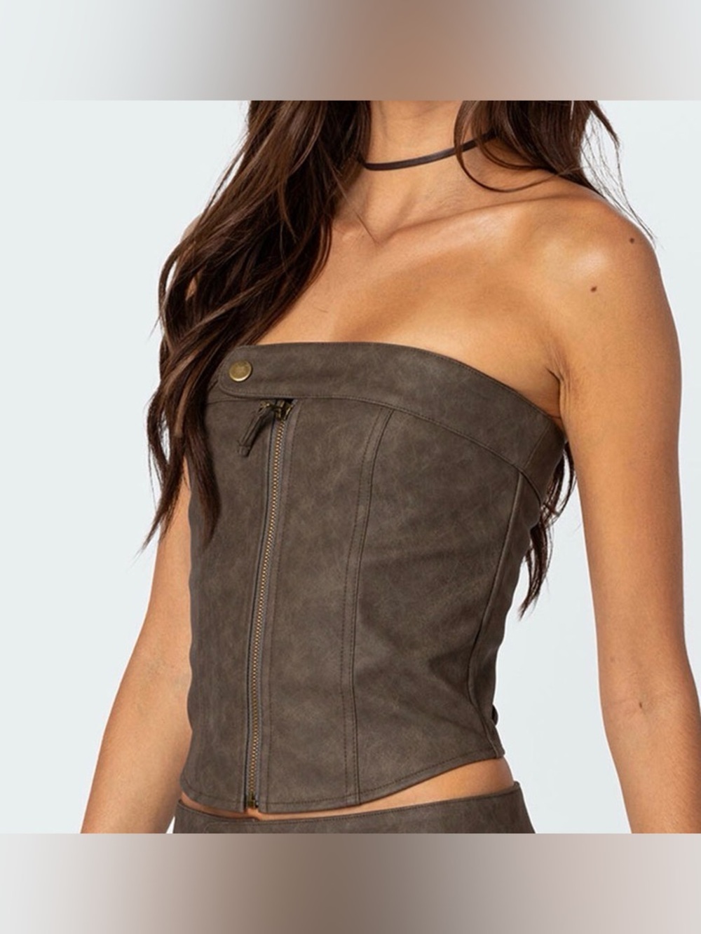 NWT Cider Brown Faux-Leather Lace up Zipper Corset